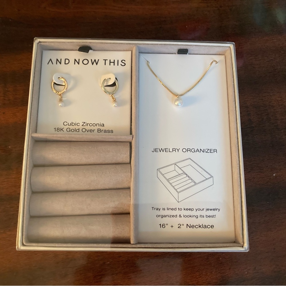 And Now This Imitation Pearl-Cubic Zirconia Hoop Earring and Necklace BOX SET